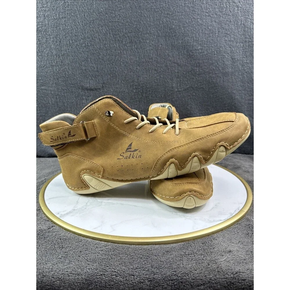Salkin Mens Brown Leather Barefoot Shoes Lace Up Casual Walking Sneakers Sz 11.5